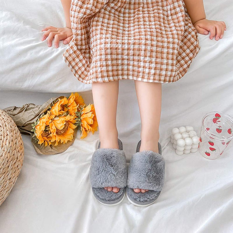 techcity Boys Girls Fuzzy House Slippers Cute Comfy Faux Fur Slip On Fluffy Plush Open Toe Home Slides for Kids Indoor Outdoor Warm Shoes (Grey, numeric_13_point_5) - Image 3